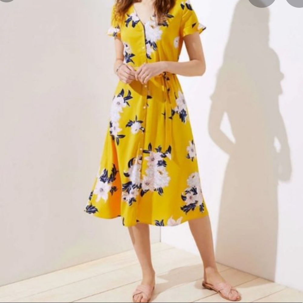 loft yellow floral midi dress